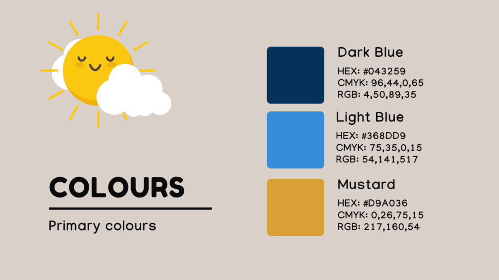Brand guidelines example showing colour palette for a company with HEX, CMYK and RGB colour codes.