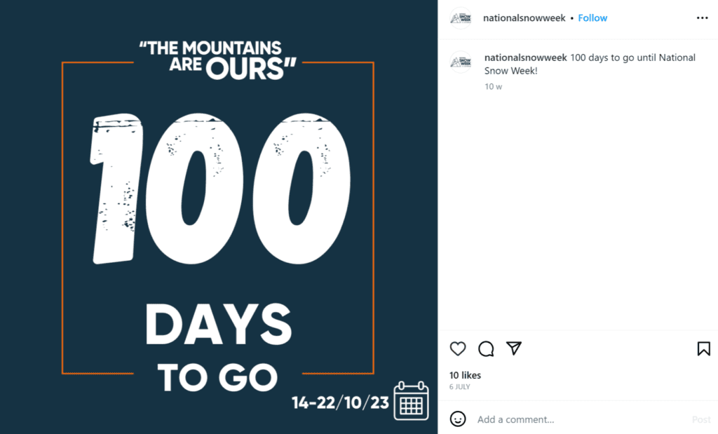 1 days to go National Snow Week. Promote event on social media.