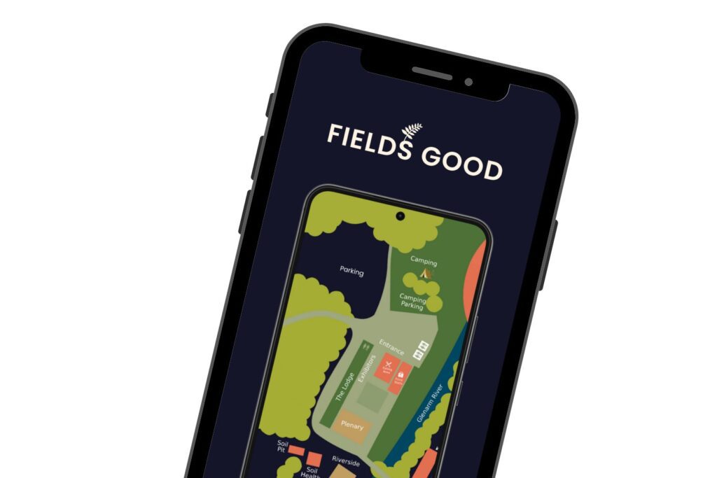 Mobile phone showing event map for Fields Good
