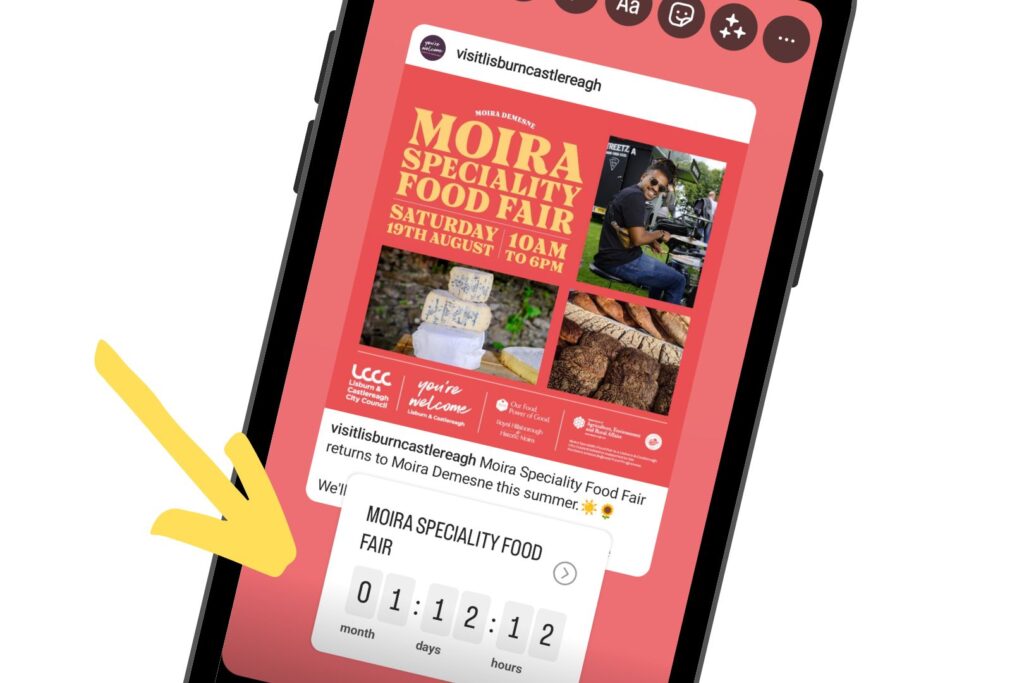 Instagram Story for Moira Speciality Food Fair, showing a Countdown Sticker as part of an event marketing strategy